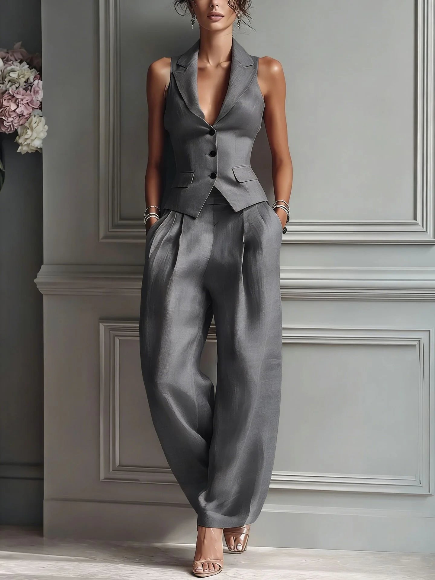 DONNA | Traje de 2 Piezas con Cuello en V y Botones para Mujer