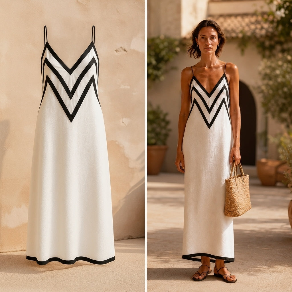 Emma | Vestido largo estilo slip con bordes en contraste con motivo chevron