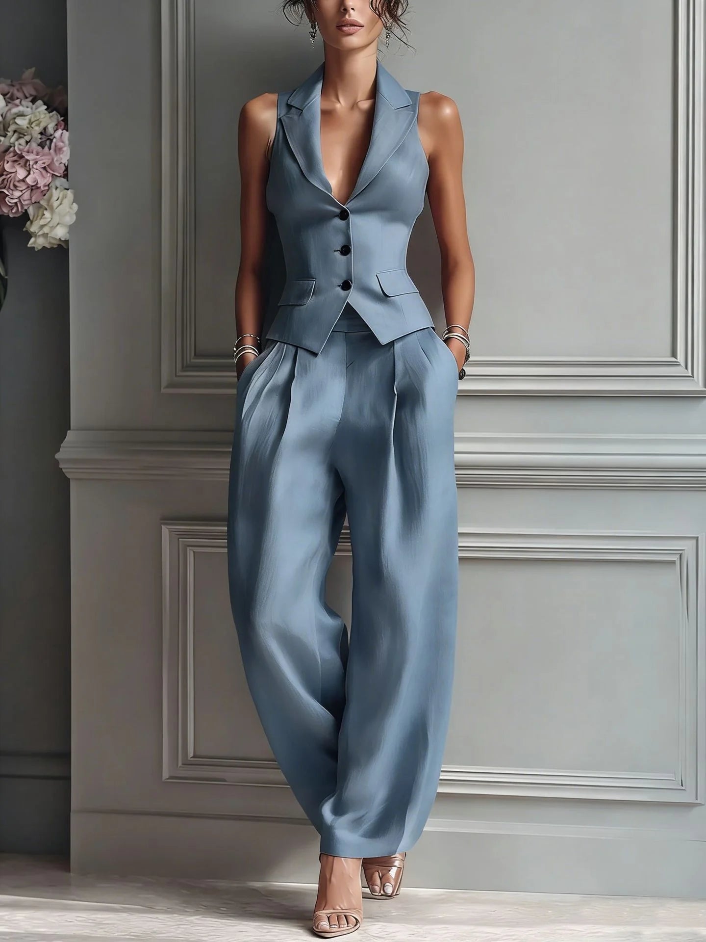DONNA | Traje de 2 Piezas con Cuello en V y Botones para Mujer