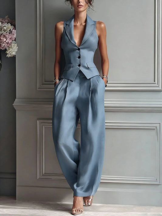 DONNA | Traje de 2 Piezas con Cuello en V y Botones para Mujer