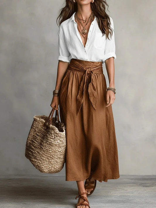 BELLA™  ✦ CONJUNTO DE DOS PIEZAS: TOP NEGRO Y FALDA MIDI VERDE OLIVA