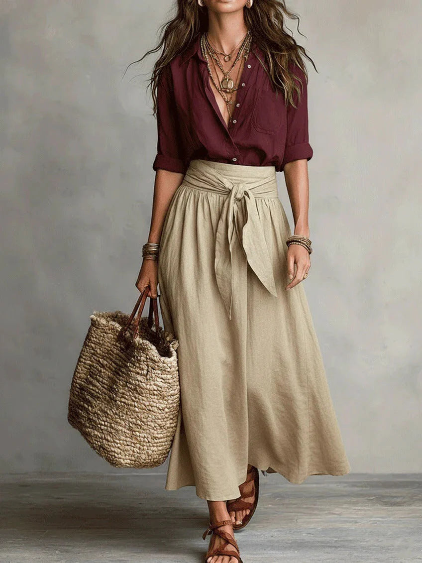 BELLA™  ✦ CONJUNTO DE DOS PIEZAS: TOP NEGRO Y FALDA MIDI VERDE OLIVA