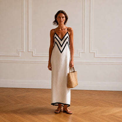 Emma | Vestido largo estilo slip con bordes en contraste con motivo chevron