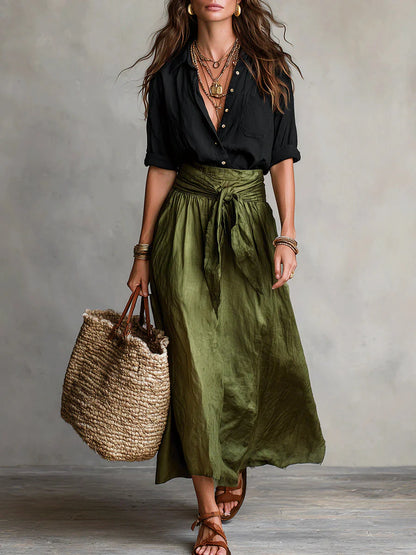 BELLA™  ✦ CONJUNTO DE DOS PIEZAS: TOP NEGRO Y FALDA MIDI VERDE OLIVA