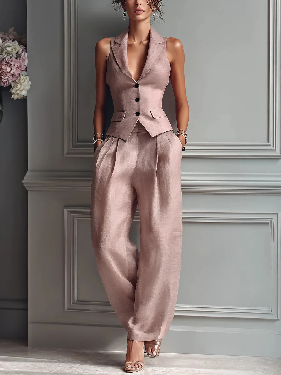 DONNA | Traje de 2 Piezas con Cuello en V y Botones para Mujer