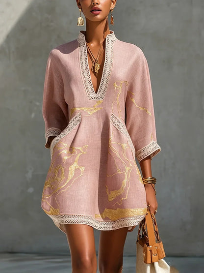 Donatella | Minivestido con estampado de mármol dorado y encaje de ganchillo