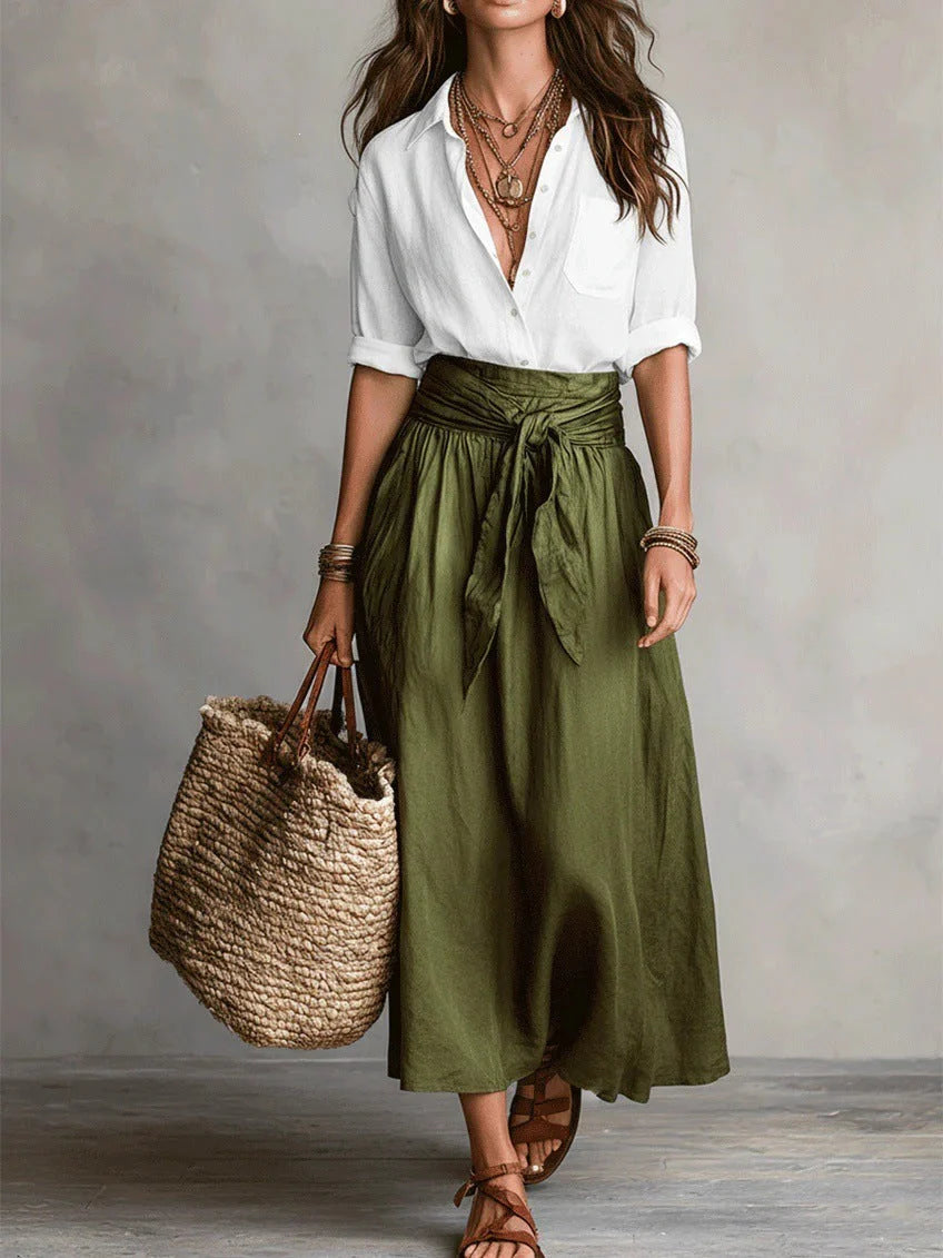 BELLA™  ✦ CONJUNTO DE DOS PIEZAS: TOP NEGRO Y FALDA MIDI VERDE OLIVA