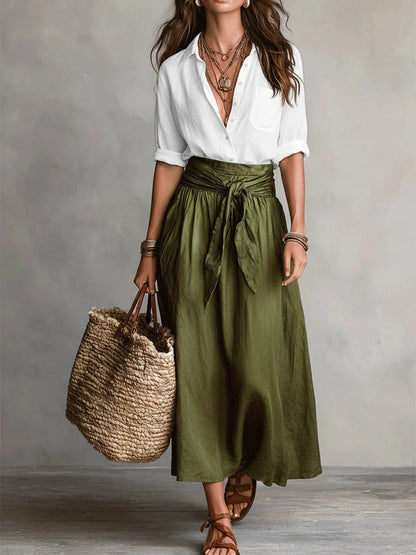BELLA™  ✦ CONJUNTO DE DOS PIEZAS: TOP NEGRO Y FALDA MIDI VERDE OLIVA